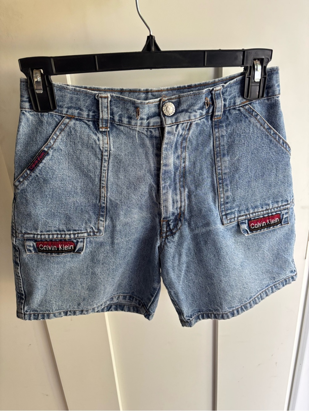 Vintage Calvin Klein Light Blue Denim Shorts with Red Patch Logos
